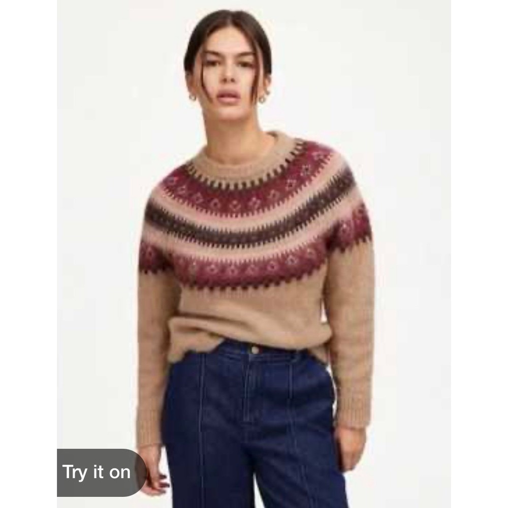 Madewell Womens Fair Isle Pullover Sweater Tan Berry Brown Knit Yoke Size S